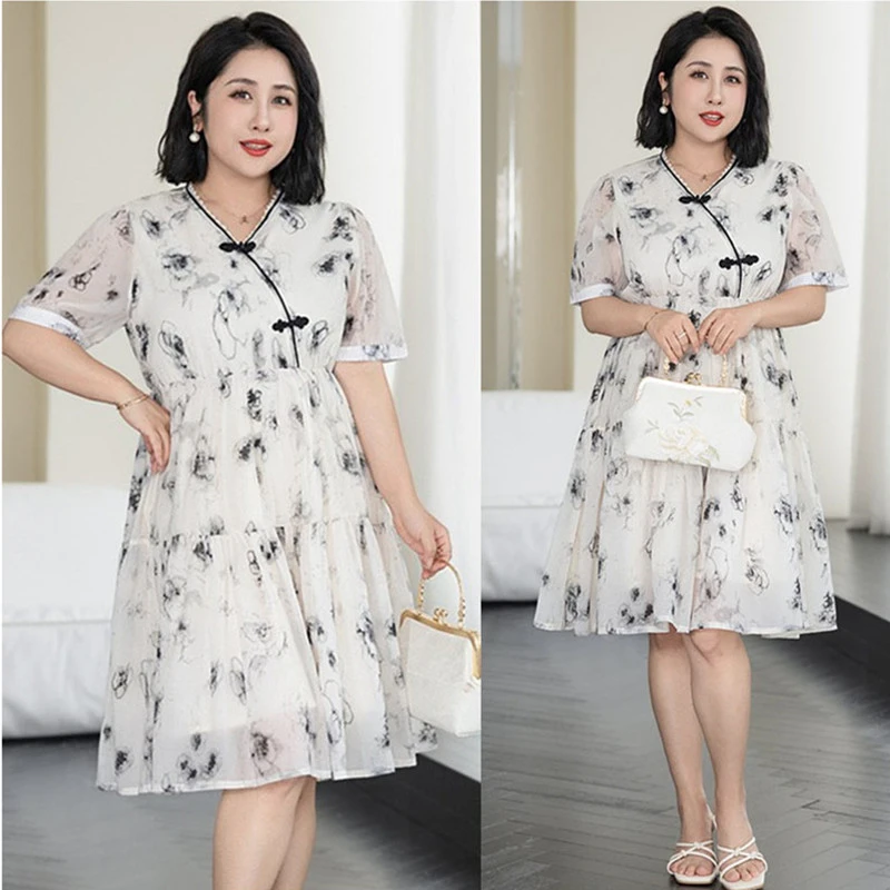 特大码女装300斤新中式国风水墨画连衣裙胖mm200夏季盘扣雪纺裙子