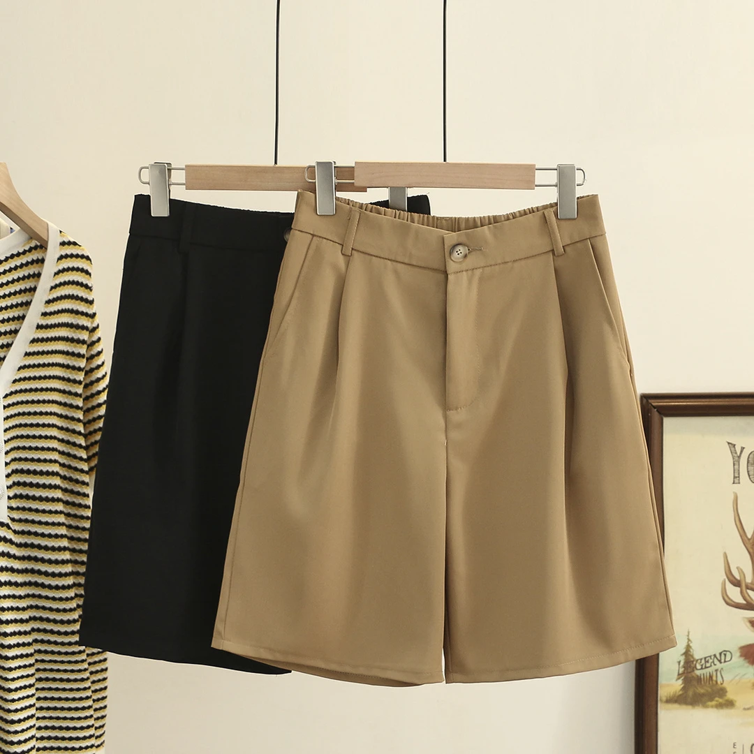 大码西装短裤女夏季200斤胖mm高腰宽松显瘦休闲A字阔腿五分裤中裤