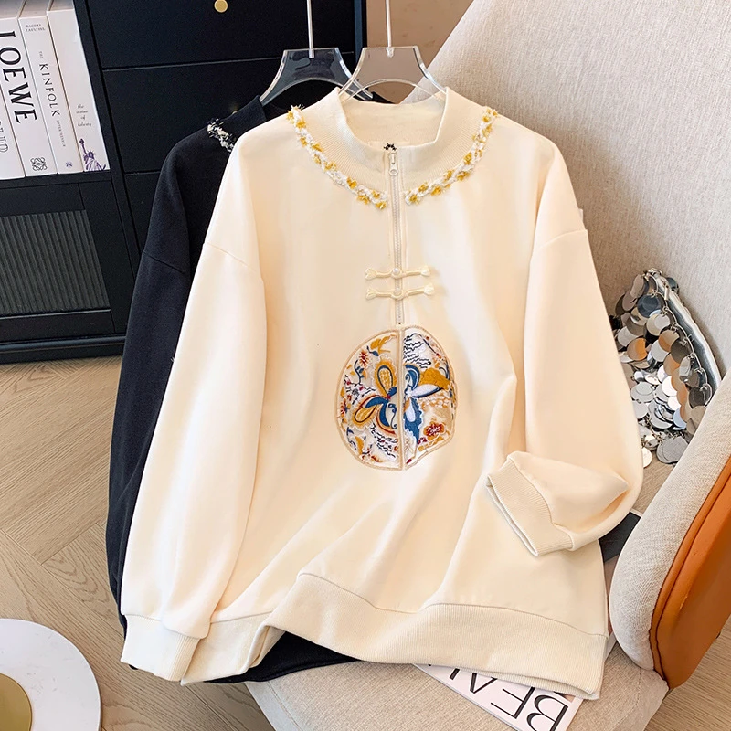 大码女装300斤胖mm新中式国风卫衣2024春秋新款宽松长袖盘扣上衣