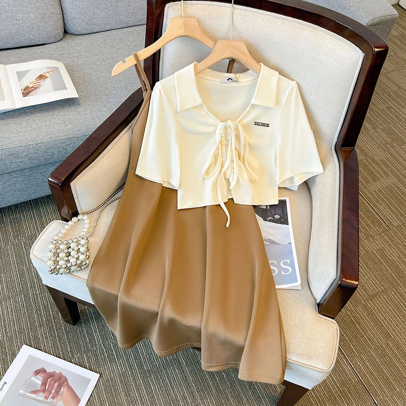 300特大码连衣裙女夏200斤胖mm高级感吊带裙短款上衣两件套套装裙