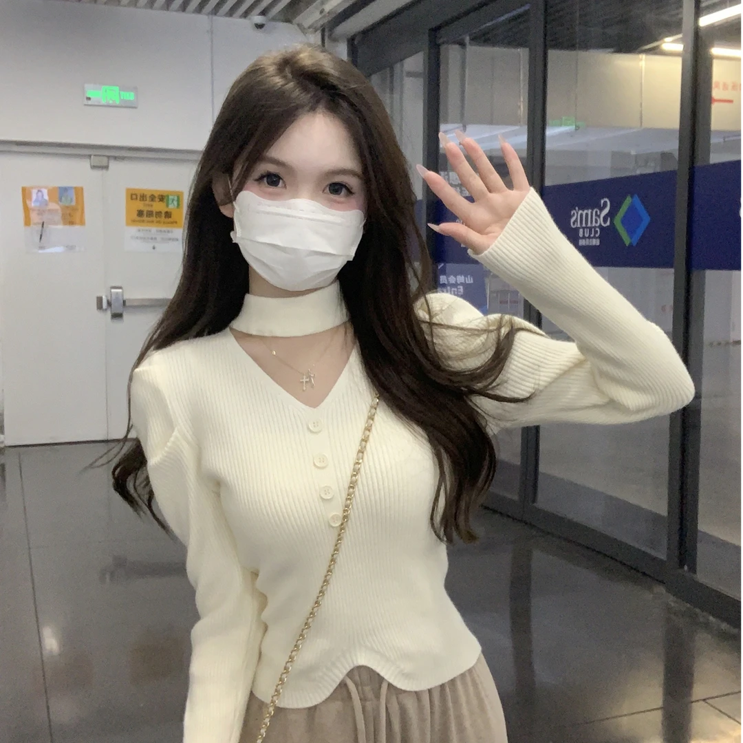 春秋2024新款紧身纯欲挂脖镂空泡泡袖设计感针织打底衫上衣女毛衣