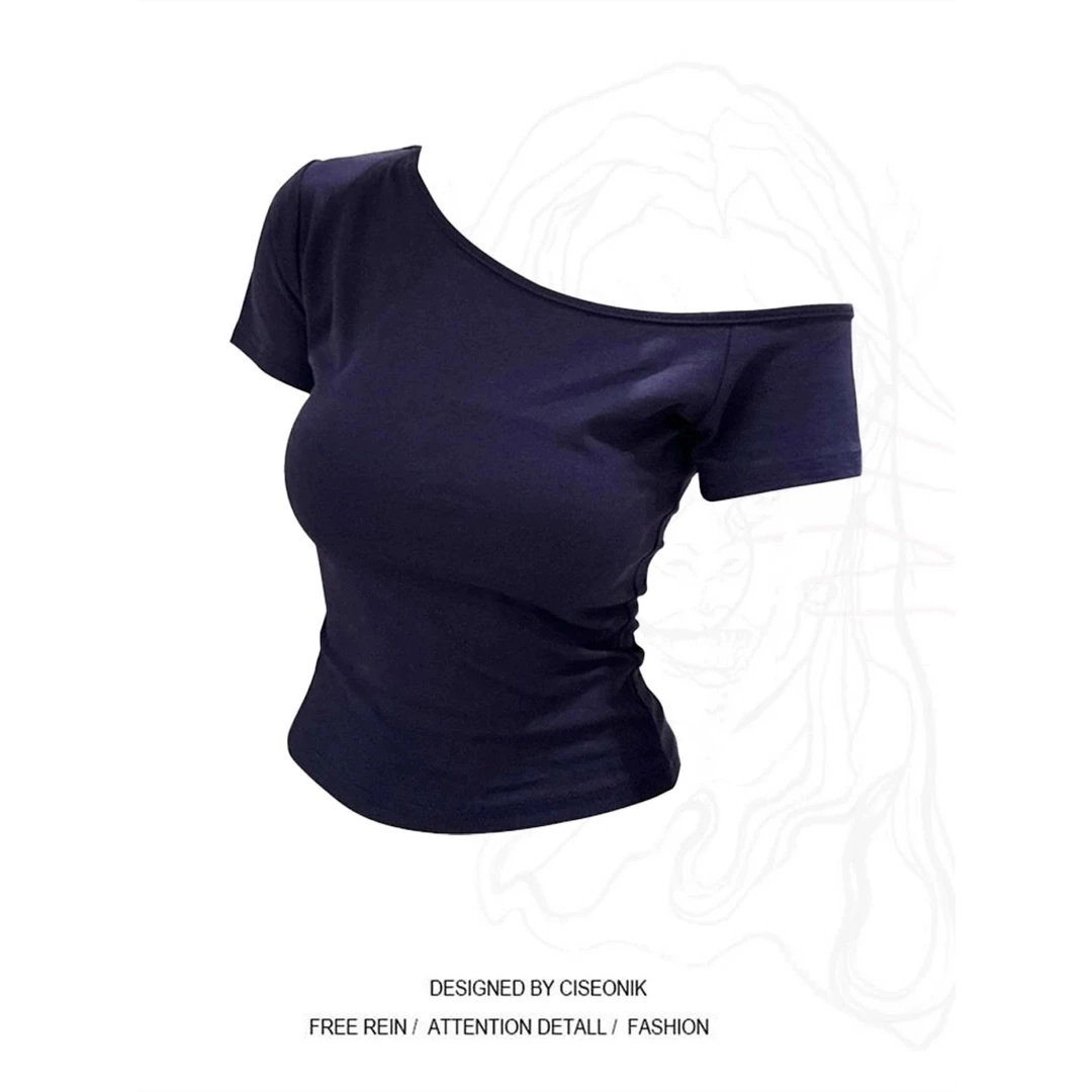 纯欲藏蓝色斜领露肩短袖T恤女夏一字肩设计感弹力修身气质短上衣