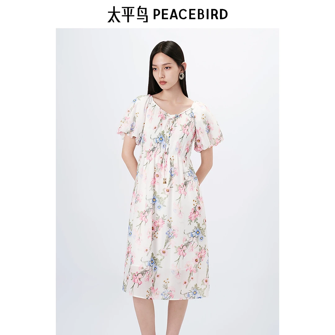 太平鸟夏新款Daria Song联名系带收腰设计感花卉连衣裙A1FAE2510