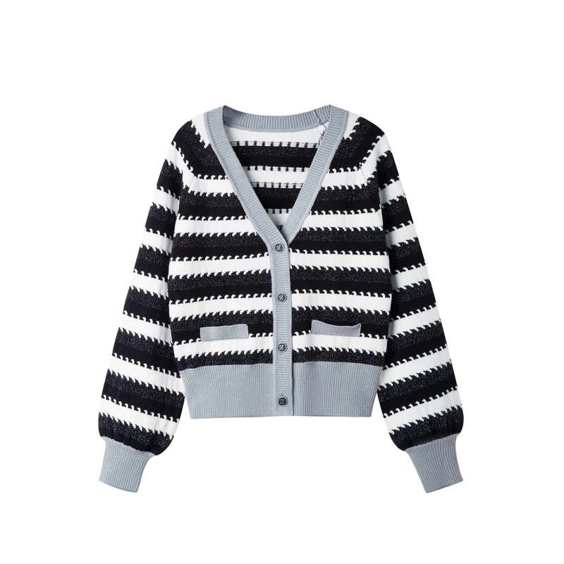 太平鸟条纹开衫百搭显瘦毛衣时尚宽松休闲针织黑色秋季A5EDC4G08