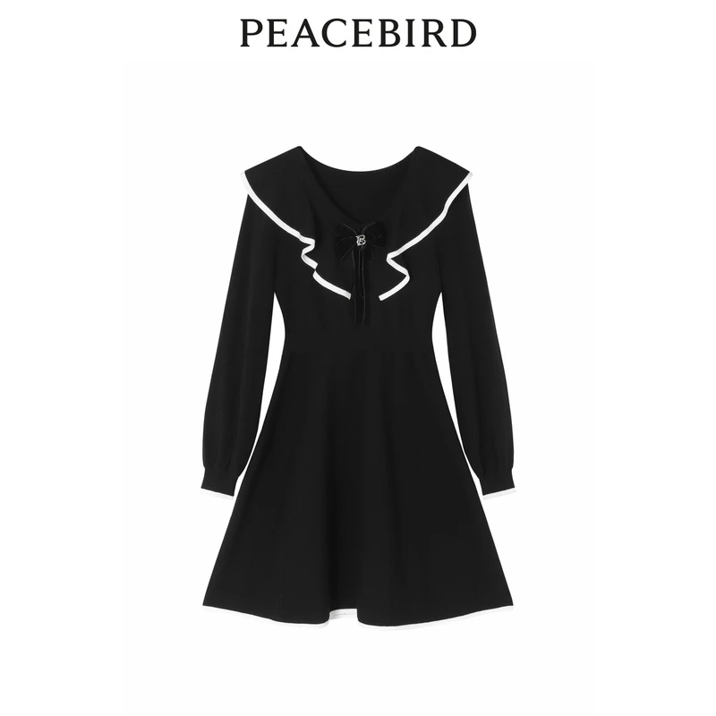 太平鸟气质收腰小黑裙品质荷叶时尚法式领连衣裙长袖v领A5FAC4A03