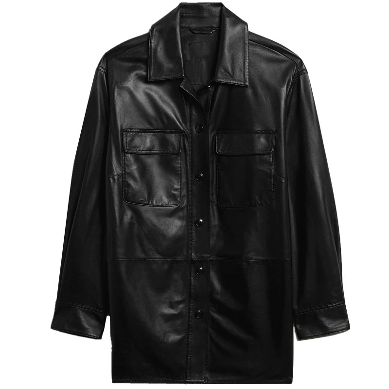 外贸【0.8mm意产绵羊皮】女中长款休闲百搭黑色春季潮流廓形衬衫Y