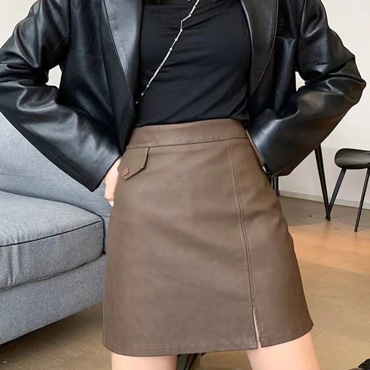 咖色半身裙女春秋2024新款高腰显瘦百搭包臀a字半裙PU皮裙短裙子