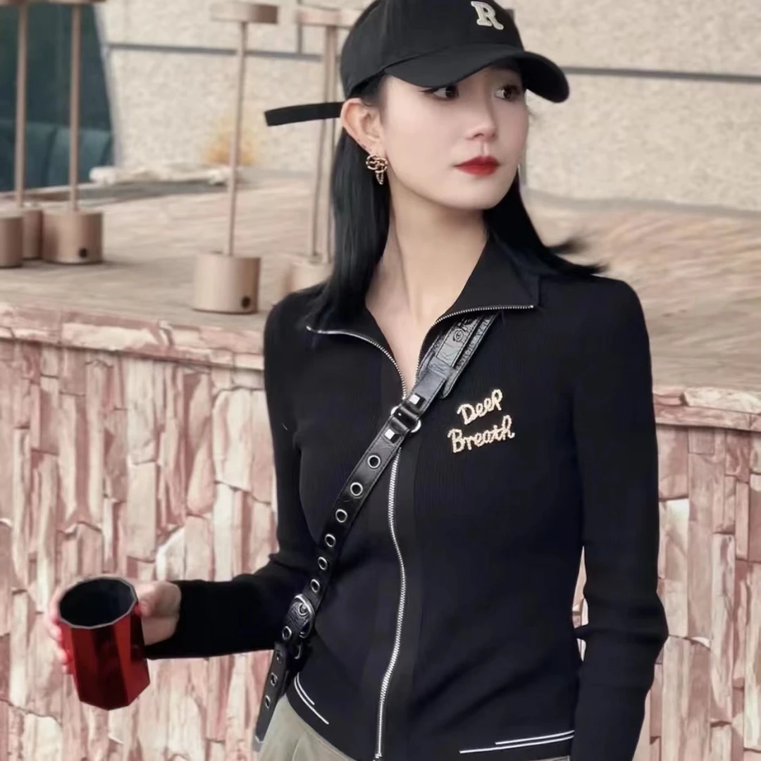 【哥弟】冰丝女装百搭气质潮感修身双头拉链设计感针织外套1499233