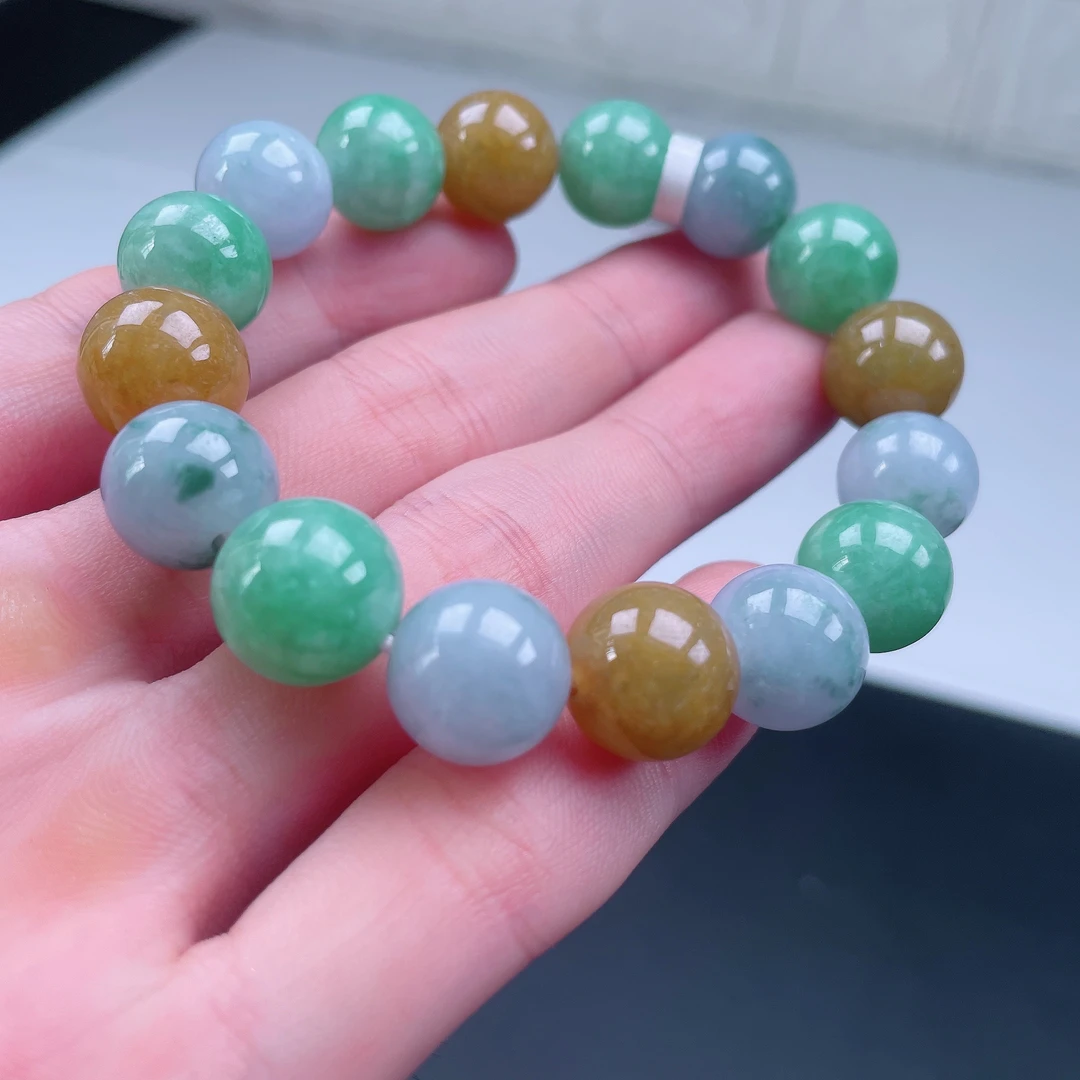 翡翠手串链多宝精品胶胶质感天然缅甸正品春带彩百搭送人妈妈礼物