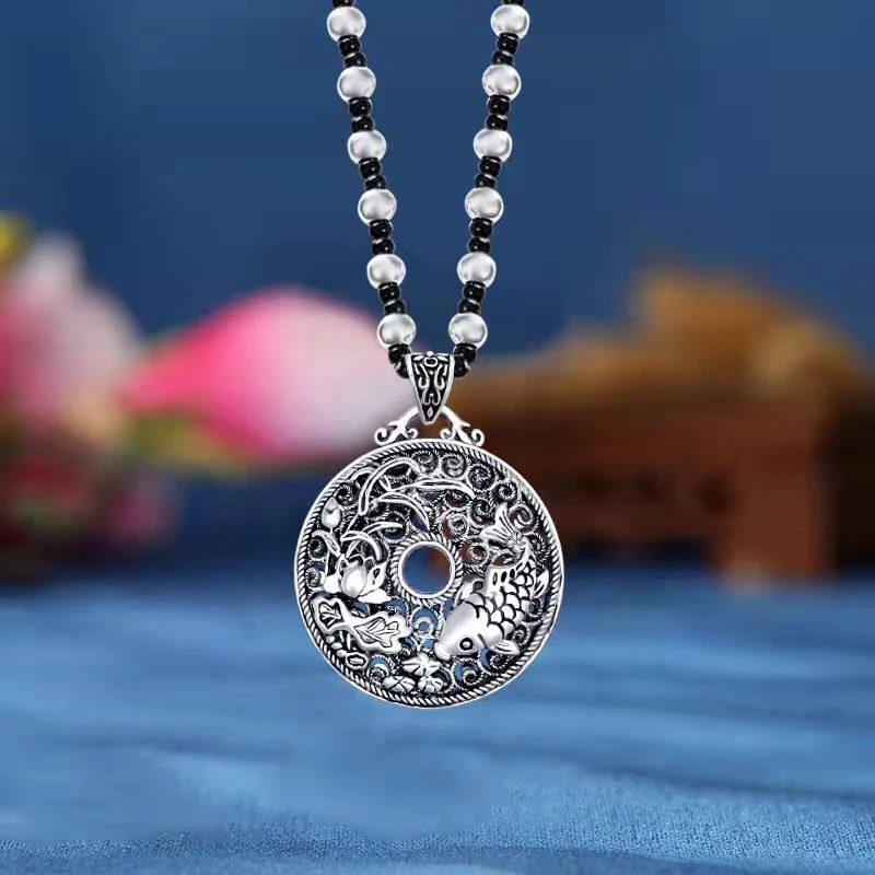 项链 HY12平安扣毛衣链年年有余镂空双面锦鲤莲花民族风