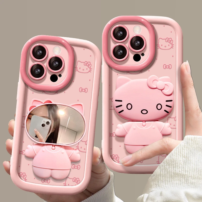 兰知春序适用苹果15手机壳iphone14猫咪镜面支架13可爱卡通12全包