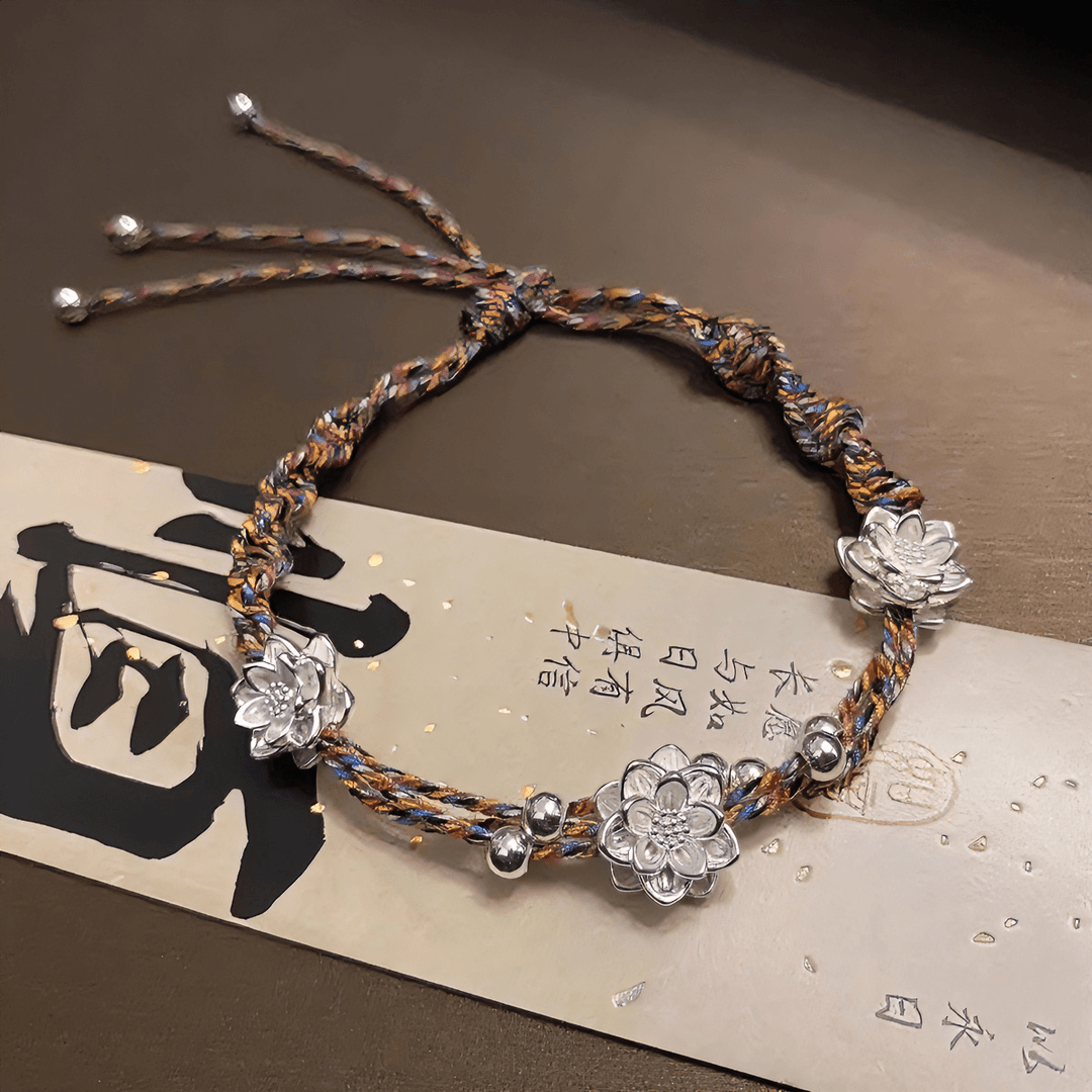 足银手链 999步步生莲民族风彩色莲花编绳时尚手工编织可调节手链