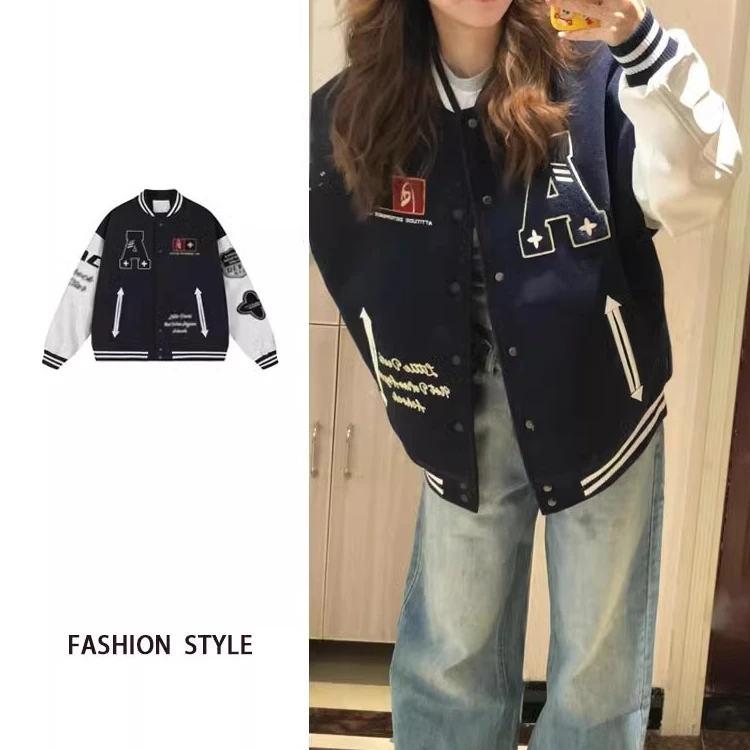 大码复古植绒棒球服外套宽松百搭夹克男女韩版棒球服秋冬拼接