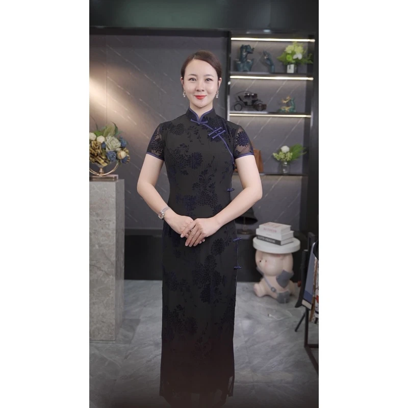2023夏季新品蕾丝气质黑色旗袍女装