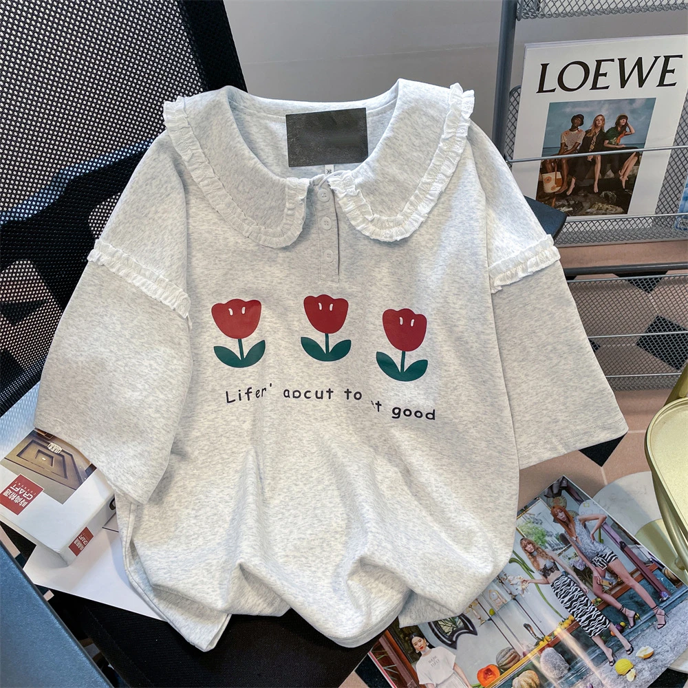 女童短袖设计感小衫小众甜美娃娃领短袖t恤女夏新款洋气上衣