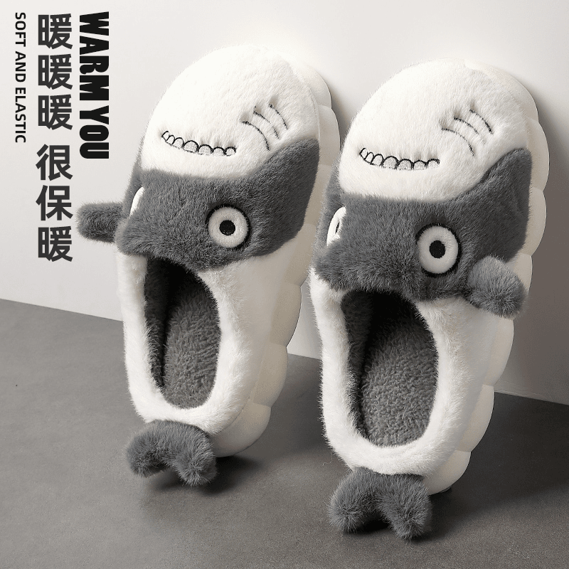 小鲨鱼棉拖鞋男士防滑室内家用厚底防滑居家毛绒保暖外穿棉鞋冬季