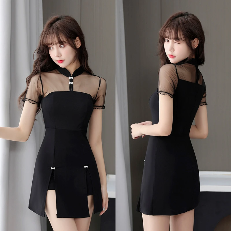 女主播服装性感镂空少女旗袍改良版连衣裙洗浴技师服套装