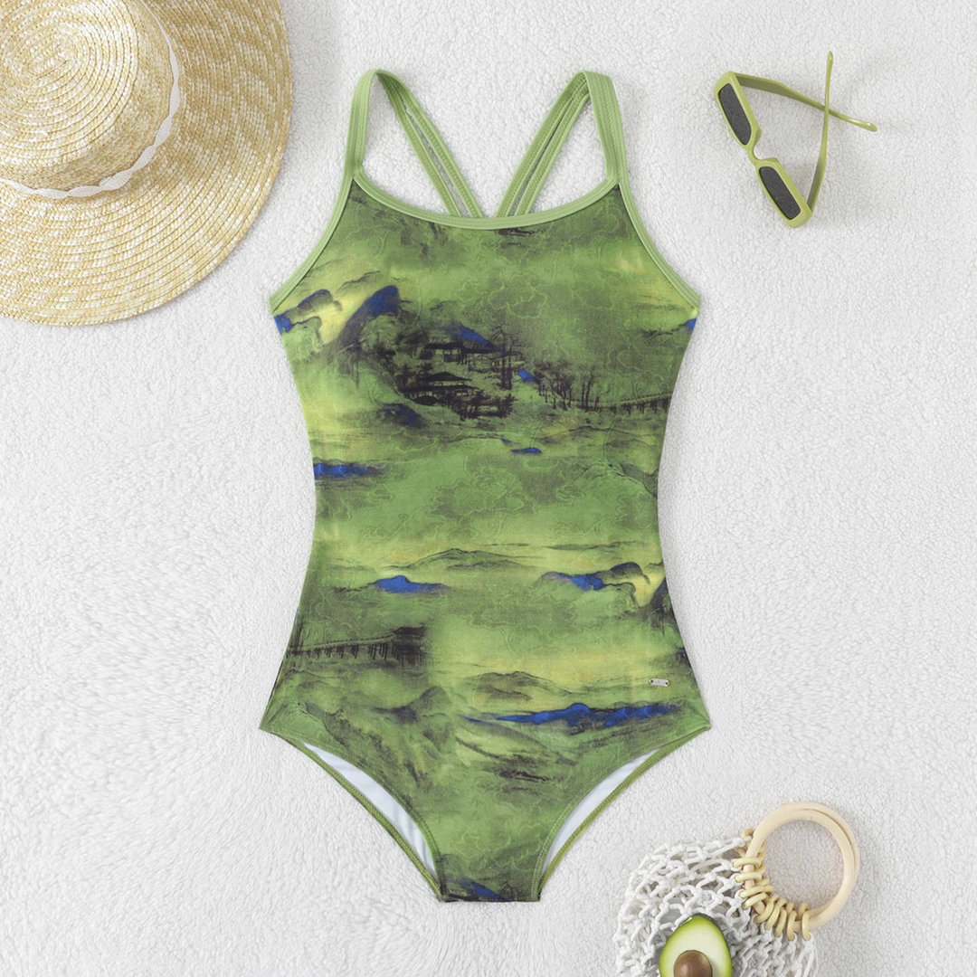 新宇新品/万里江山细带小平角修身显瘦竞速款连体泳衣