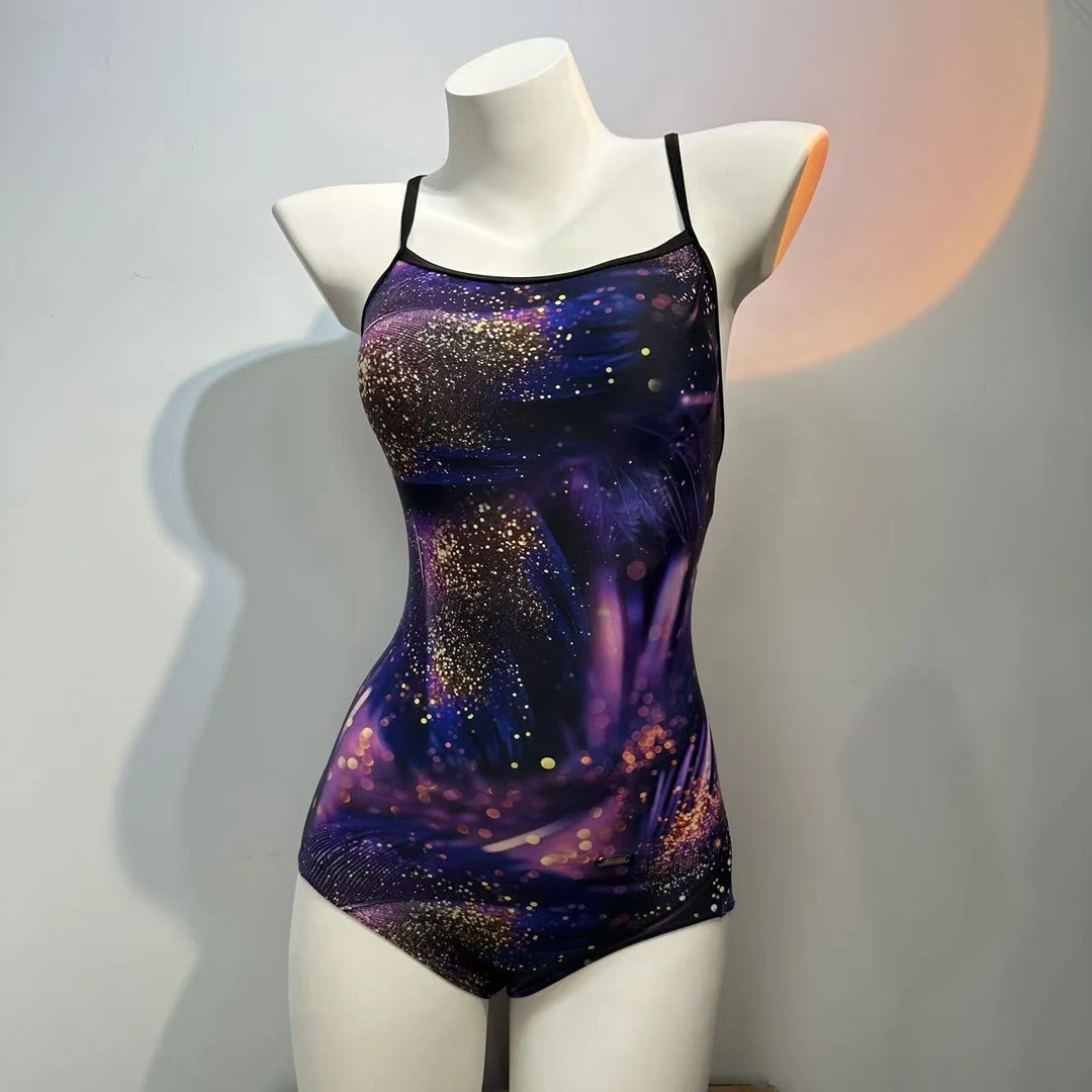 新宇新品/紫羽毛细肩带三角修身显瘦竞速款连体泳衣