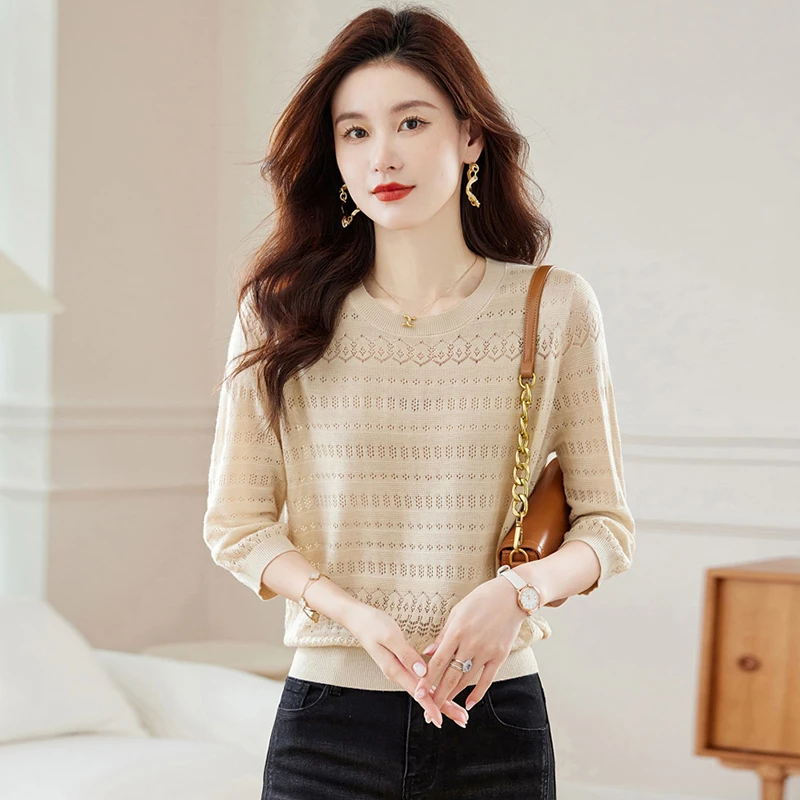 针织衫女早秋薄款毛衣2025新款女装中袖上衣七分袖羊毛打底衫秋季