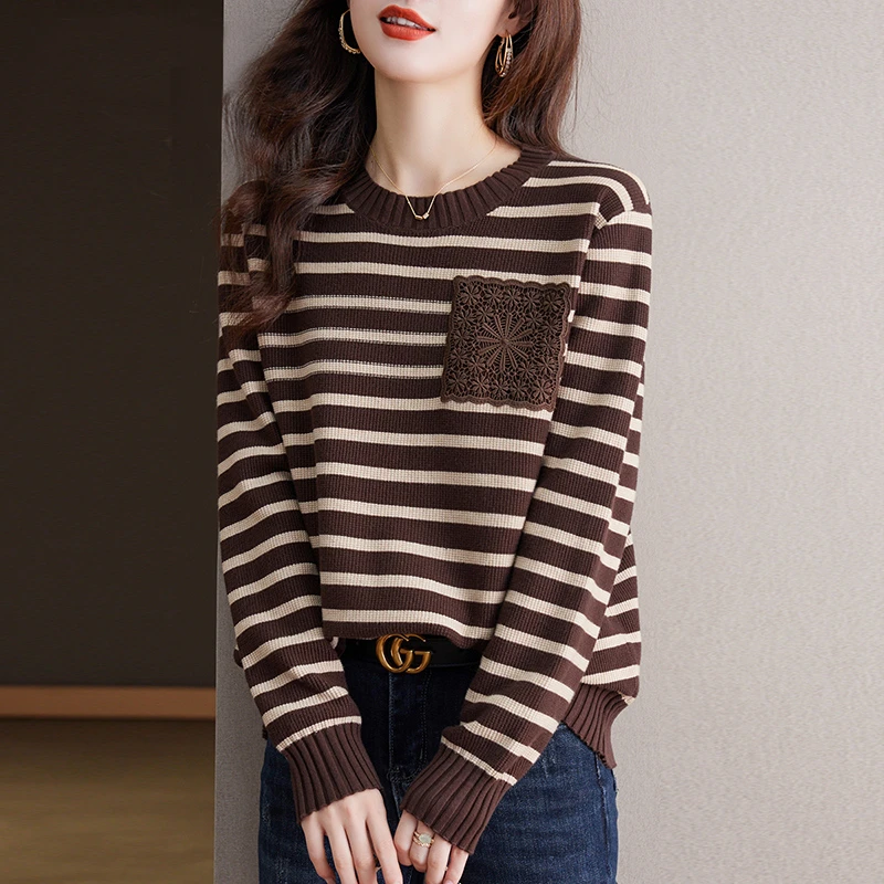 时尚针织衫女上衣早春2025年新款女装宽松洋气条纹打底衫春秋上衣