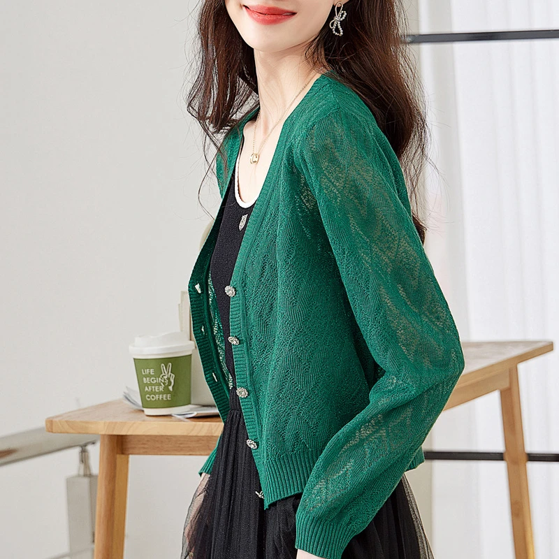 春季2025新款长袖针织衫开衫外套女镂空薄款空调衫外搭小香风上衣