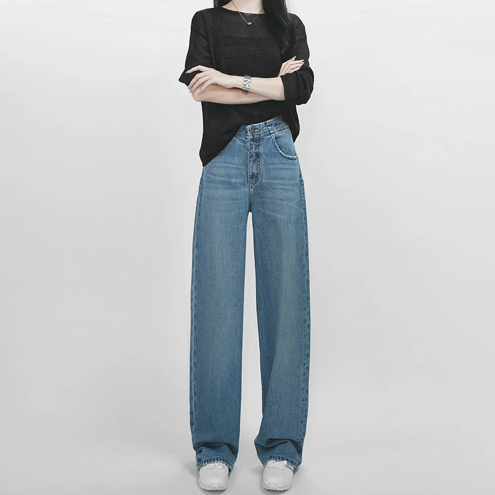 气质丹宁网红同款秋季高档宽松直筒窄版阔腿显瘦高腰洋气女牛仔裤