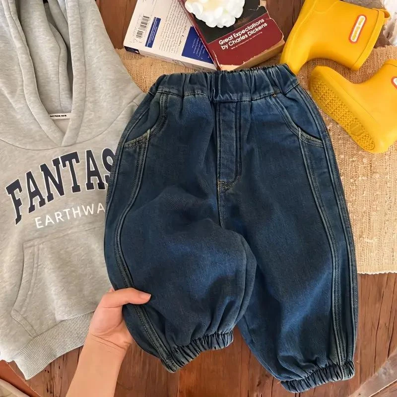 【冬季大促】有厚度的实用好束口春秋牛仔裤男女童加绒宽松百搭