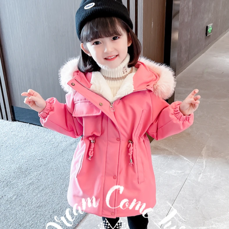 女童加绒夹棉加厚派克服洋气大毛领中长款冬季外套
