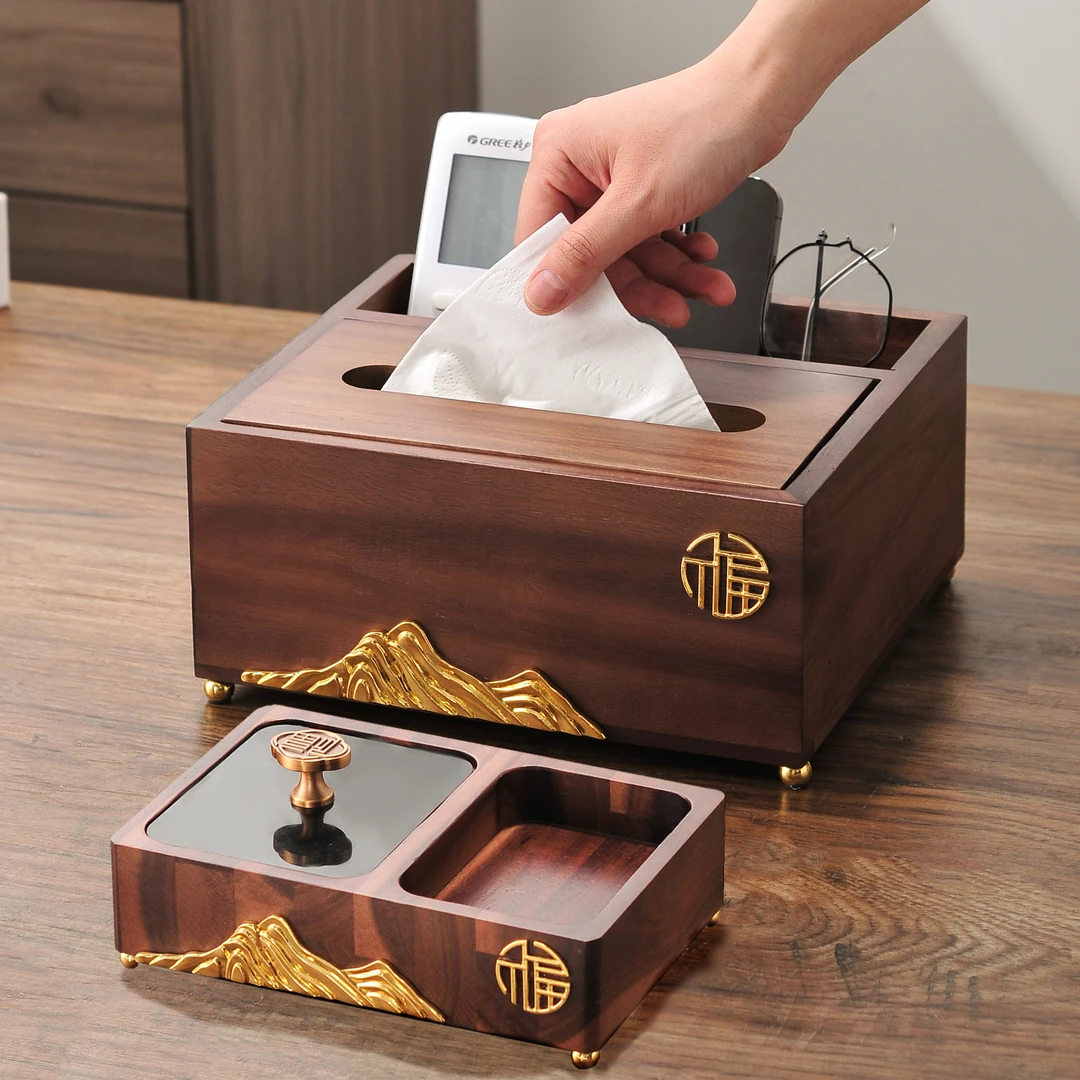 新中式实木轻奢抽纸盒高档客厅家用胡桃色桌面茶几收纳纸巾盒创意