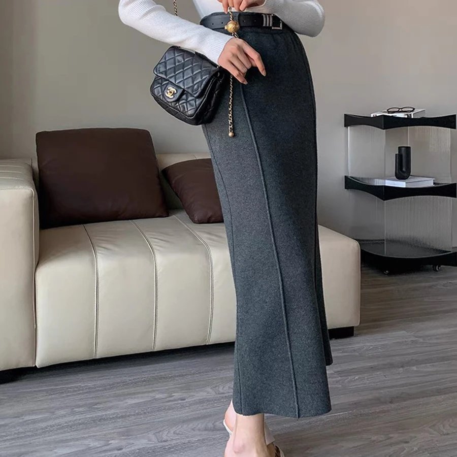 5006#女装毛针织半身裙修身时尚气质通勤后开叉微A直筒裙24秋冬