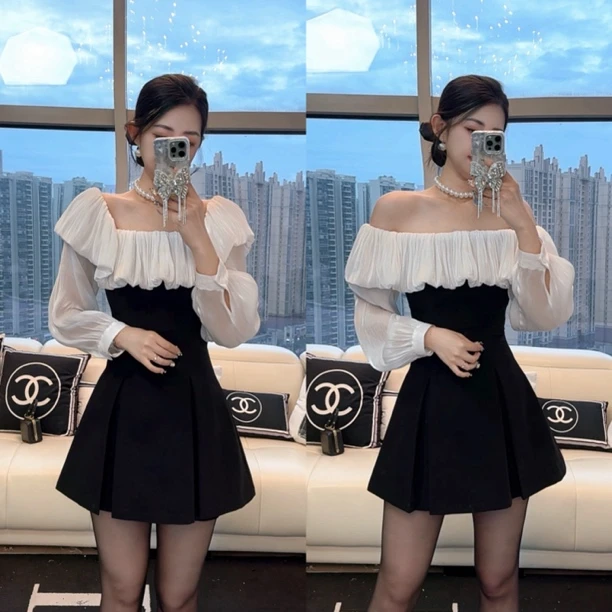 【柔嘉Yoga】送项链一字肩荷叶腰显瘦A字连衣裙生日2025年小礼服