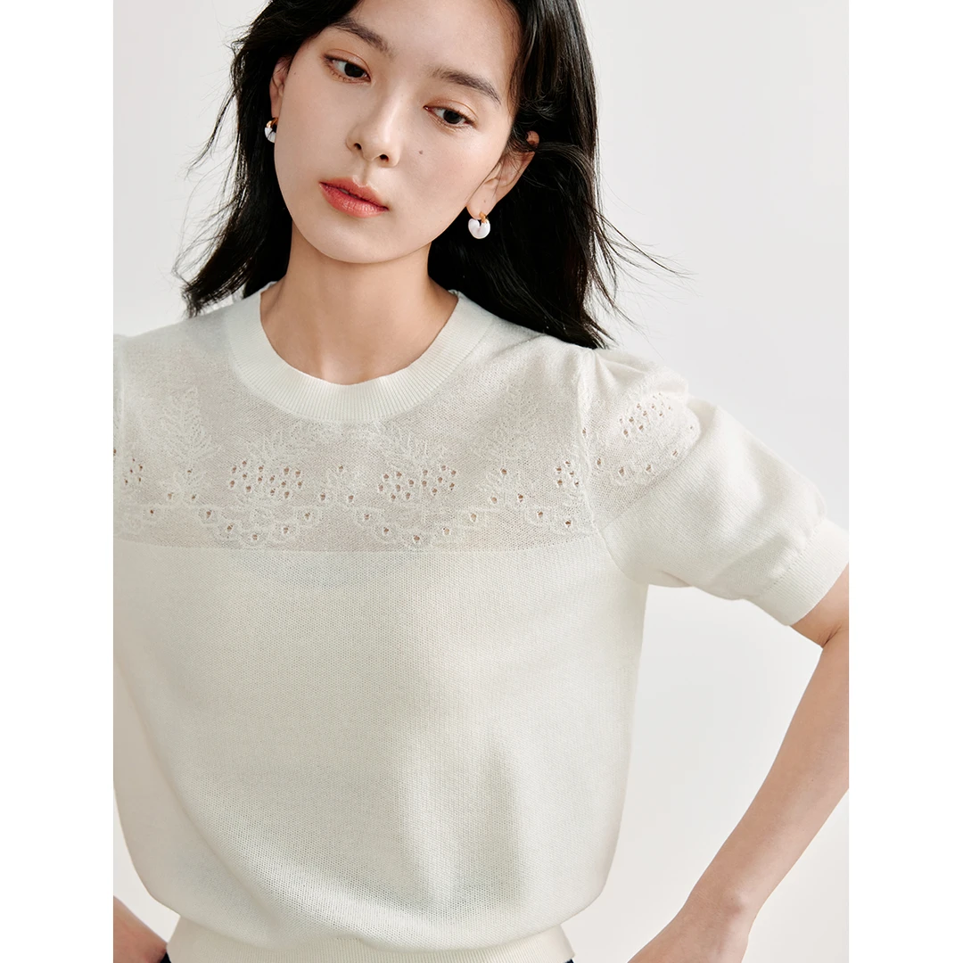 【商场同款】茵曼夏季女毛针织衫上衣新款短袖圆领套头镂空时尚反季