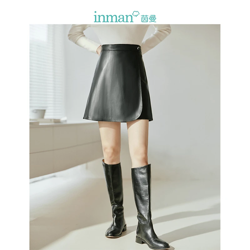 【雅丹风】茵曼冬季柔软PU皮裙女时尚设计感搭片流行别致小A字短