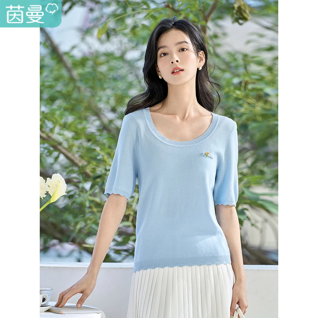 【雅丹风】茵曼夏季女毛针织衫短袖宽松领薄款泡泡袖钉珠时尚反季U