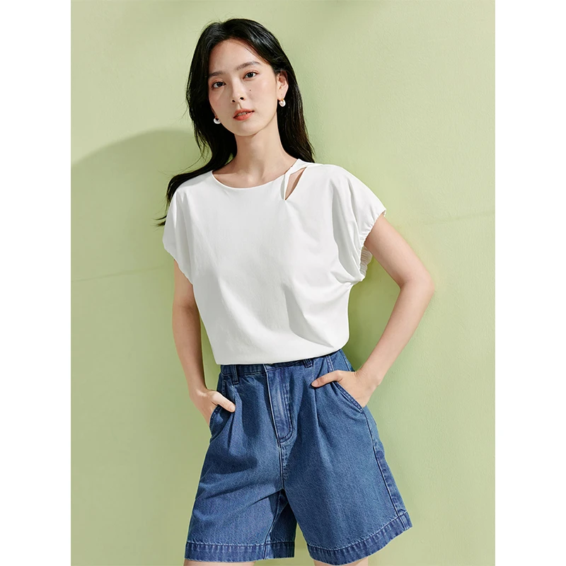 茵曼2024夏季新款女T恤短袖衣时尚肩上圆领休闲镂空百搭白色爆款