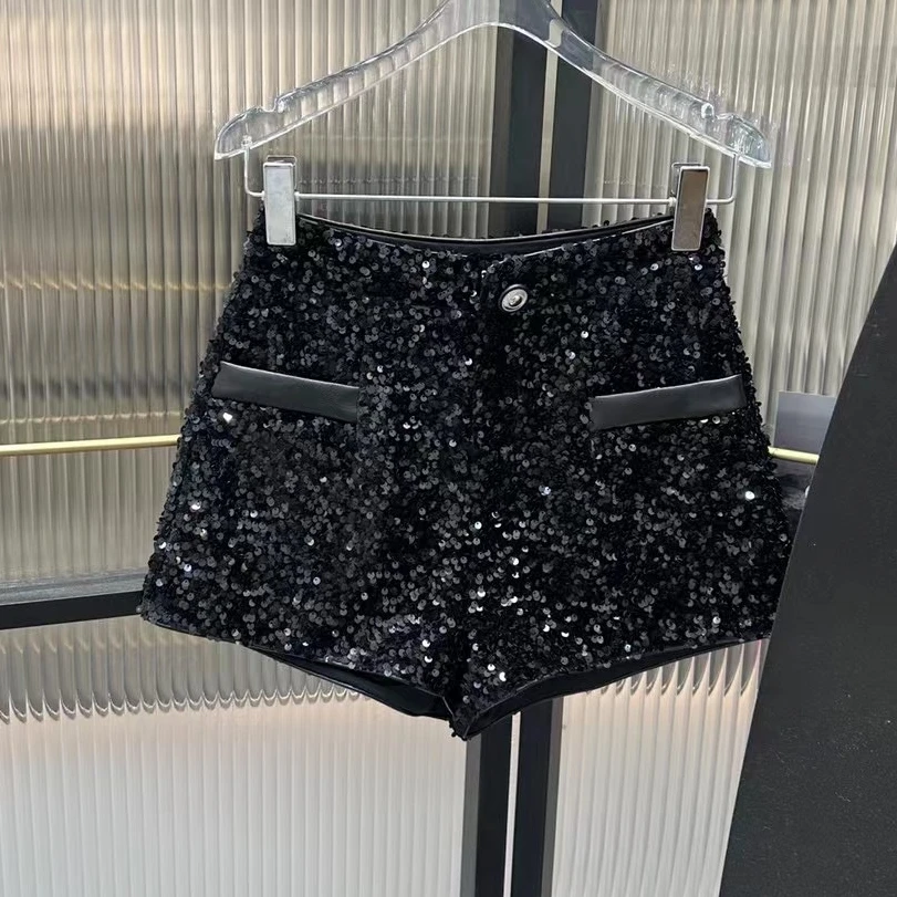 欧货女装-2024秋季新品百搭亮片短裤中高腰A型短裤女