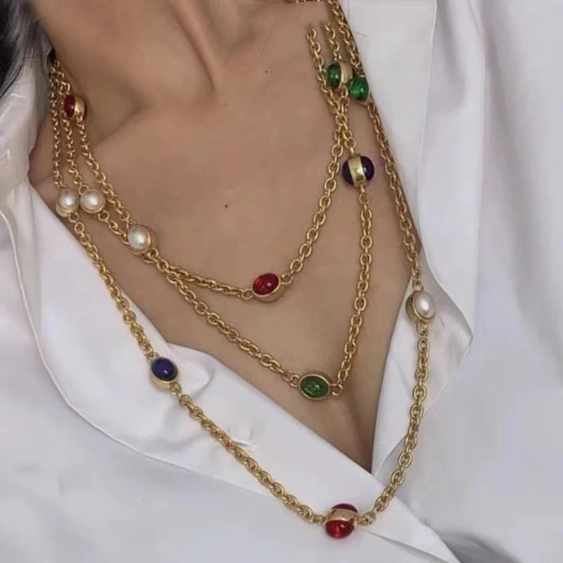 钛钢项链 中古彩色豆豆宝石长款项链多层叠戴宝石复古百搭饰品