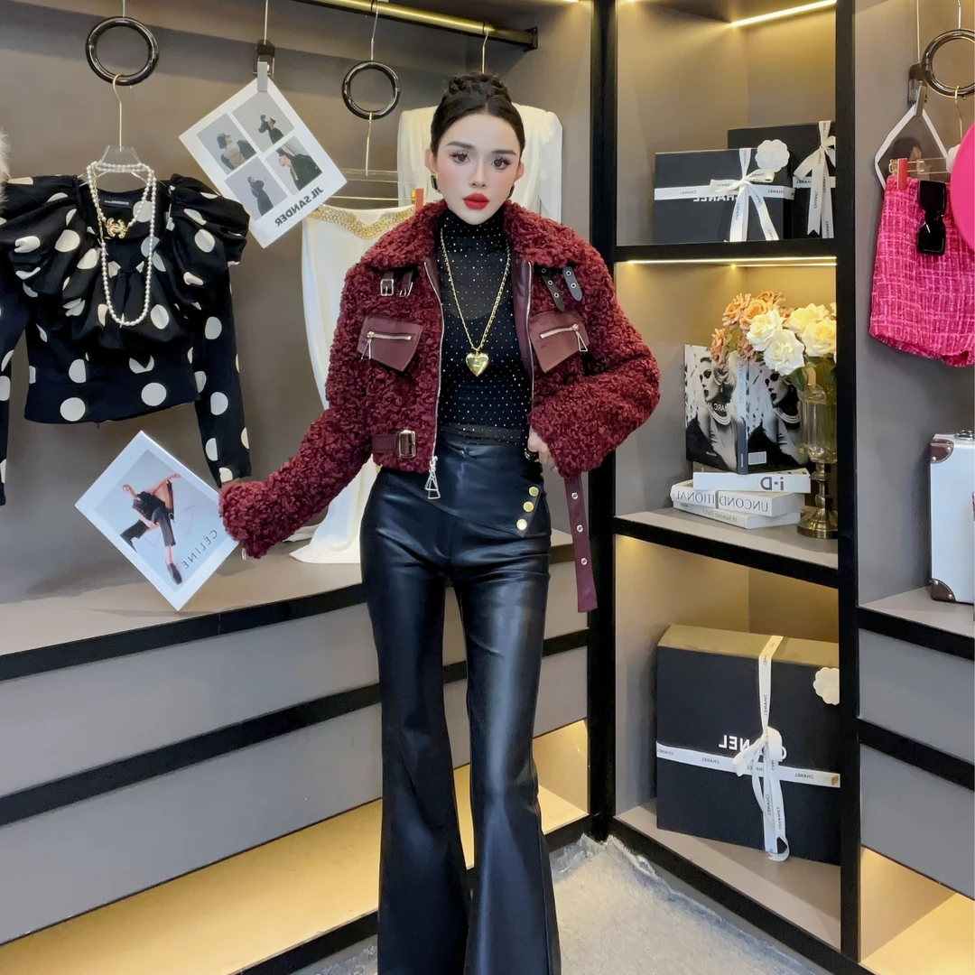 欧货女装-2024秋冬新款重工设计感翻领拼皮短款毛外套女