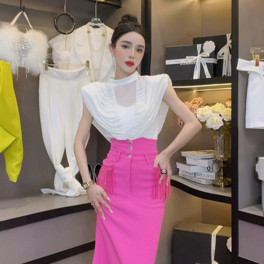 欧货女装-设计师重工微透烫钻气质轻奢时尚设计感显瘦百搭上衣