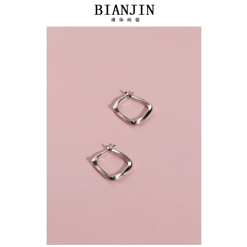 足银耳饰 HJ181 足银法式高级感方形耳圈