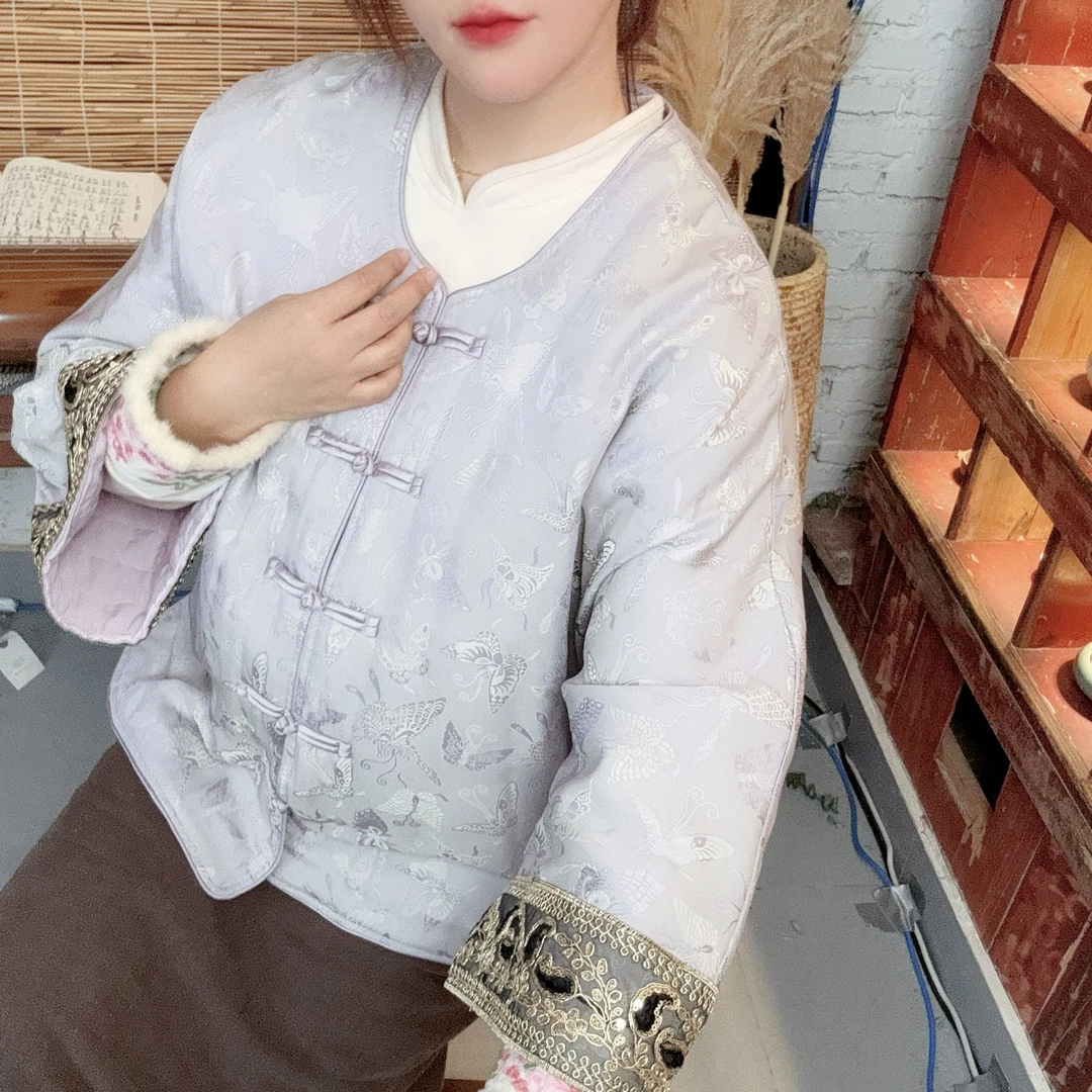 （若蝶）复古蝴蝶提花刺绣新中式百搭时尚棉服加棉加厚气质手工盘口