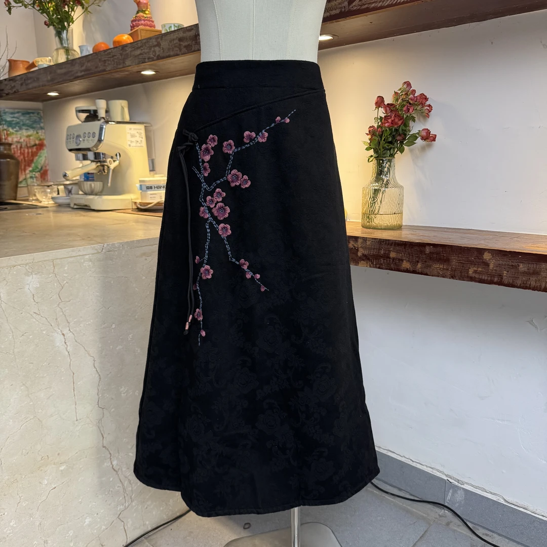 （梅香）新中式复古提花刺绣加绒加厚百搭棉麻半身中国风裙绣花