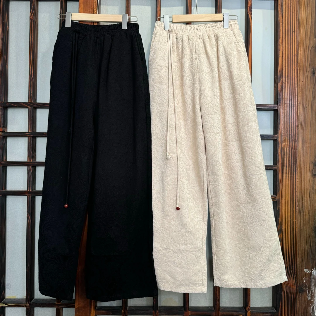 （可晴）复古提花加棉加厚国风百度阔腿裤夹棉棉裤宽松中式冬松紧腰