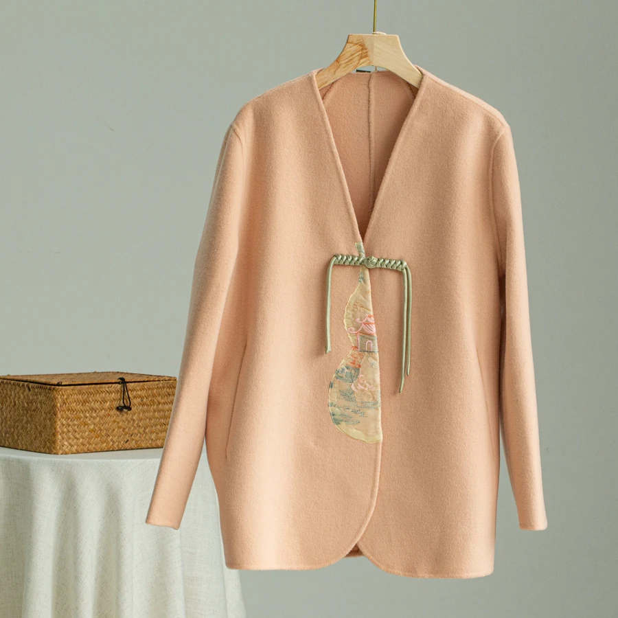 A南瓜妹妹羊毛双面葫芦图案中式宽松秋冬外套气质女百搭中国风