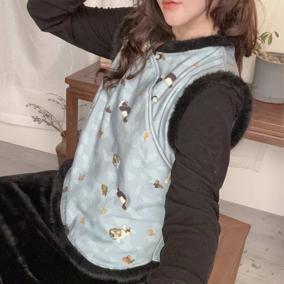 （尺玉）马甲新中式文艺百搭2024秋冬新款小香风斜襟印花背心无袖