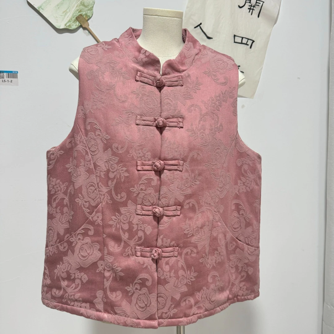 （纯依）国风新中式复古提花棉马甲百搭文艺2024冬新款立领无袖