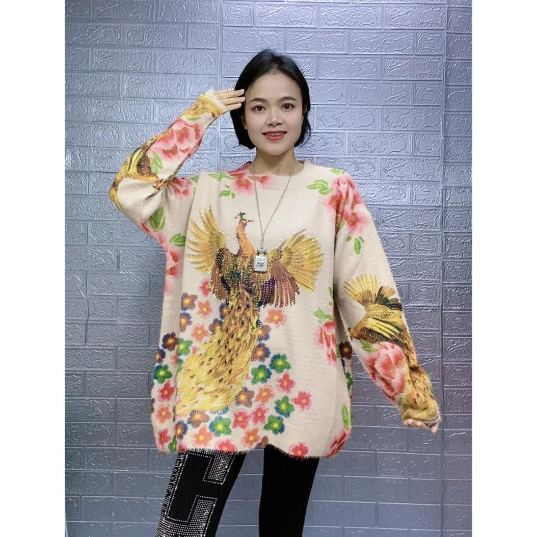 欧货宽松复古凤凰印花毛衣女秋冬装加肥加大码遮肚针织打底羊绒衫