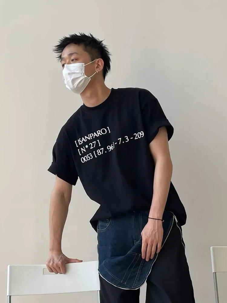 重磅个性中性风短袖t恤男士纯棉夏季宽松美式小领口黑色字母上衣