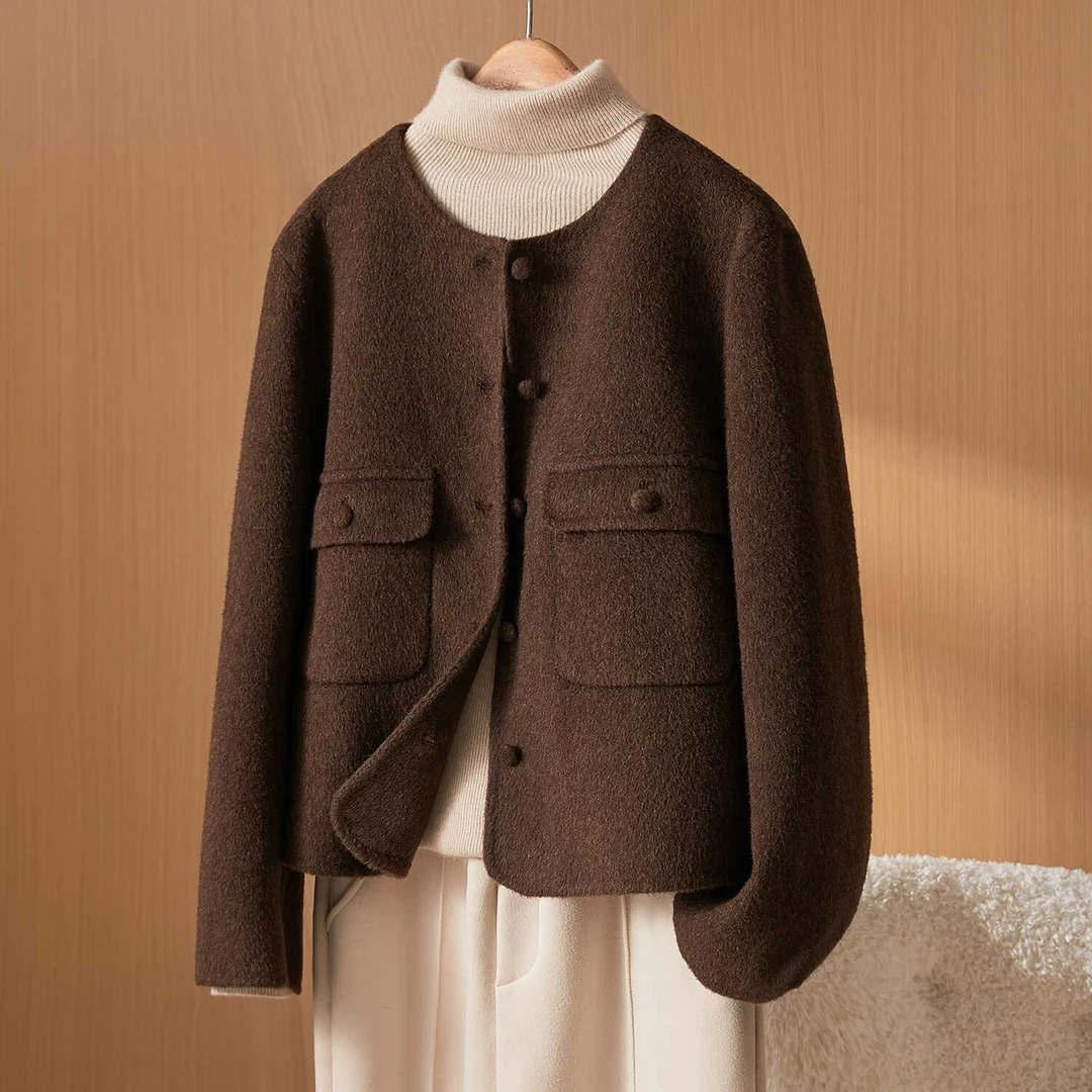 韩系小香风双面羊毛大衣女短款小个子宽松圆领羊毛呢外套高级感秋